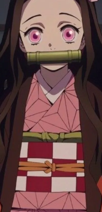 Anime character in brown and pink kimono with a vibrant design.