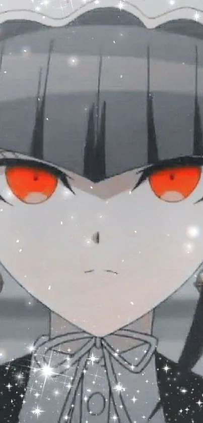 Monochrome anime character with red eyes and sparkles.