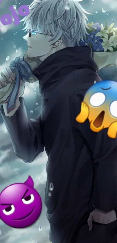 Anime character holding bouquet with emojis on cloudy background.