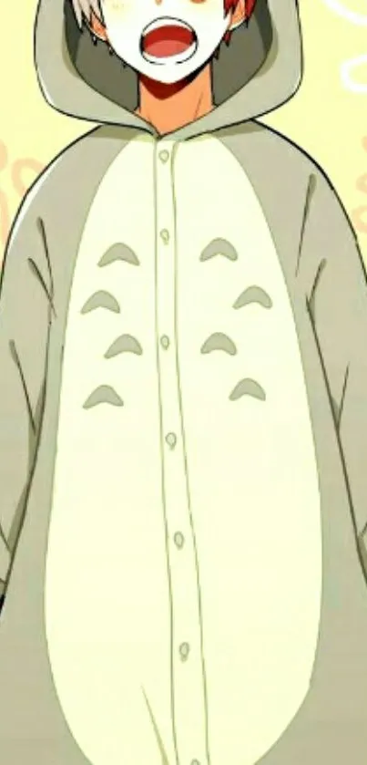 Anime character wearing a Totoro-inspired hoodie with a playful pastel background.