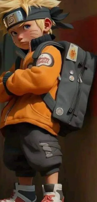 Anime character with orange coat and backpack, leaning against a wall.