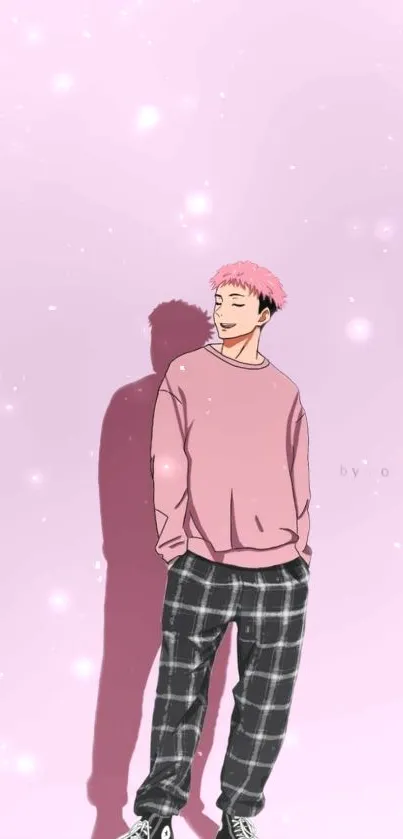 Anime character with pink hair in light pink background.