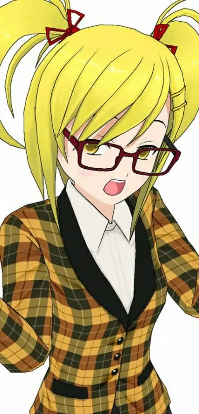 Anime character with yellow hair, glasses, and plaid jacket.