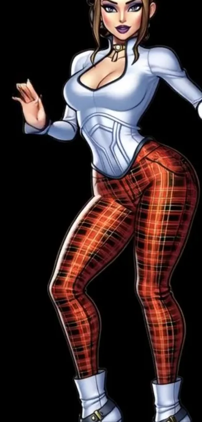 Anime character in plaid pants and corset, black background.