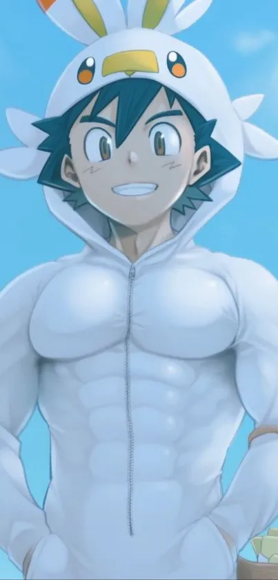 Anime character in a fun, white hoodie with a bright sky background.