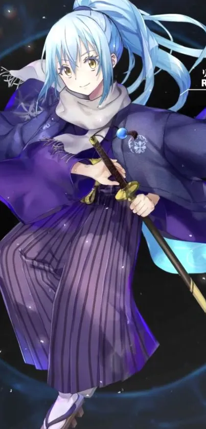 Anime character with blue hair in a purple robe holding a sword.