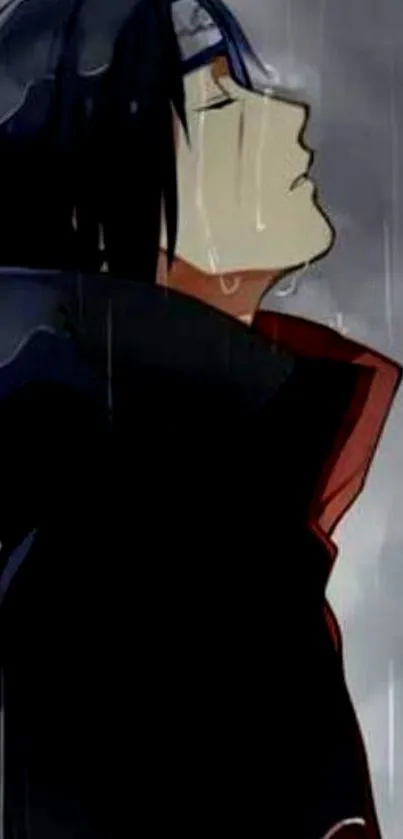 Anime character standing in rain with eyes closed, in deep thought.