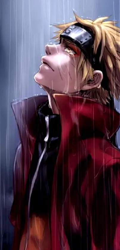 Anime character in the rain looks upward, wearing a red coat.