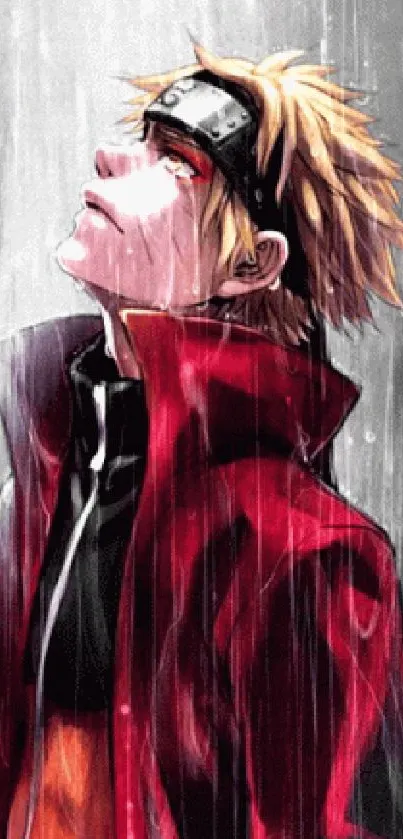 Anime character in red jacket under rain.