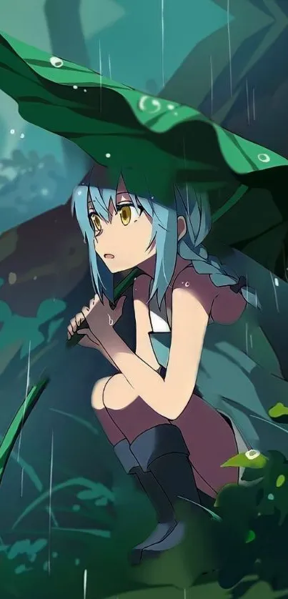 Anime character with blue hair under a leaf in a rainy forest setting.