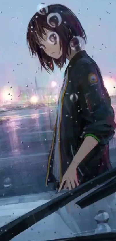 Anime girl standing by car in rain scene.