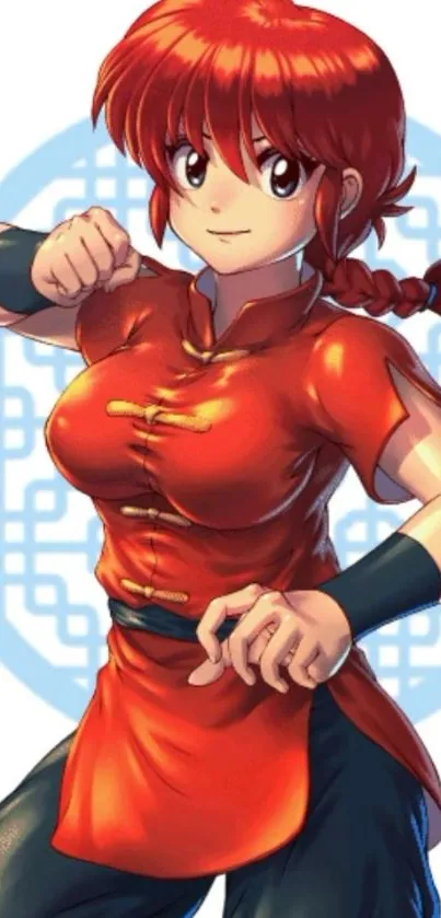 Anime character in a red martial arts outfit with braided hair.