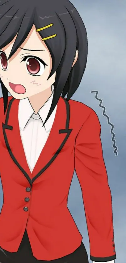 Anime character in red blazer with blue background.