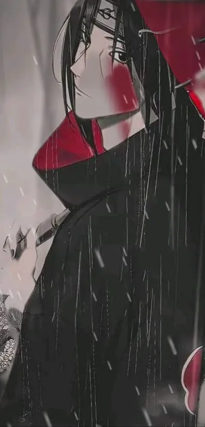 Anime character with red cloak in rain.