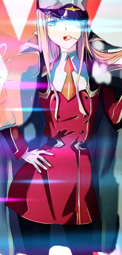 Anime character in a red coat with vibrant hues in the background.