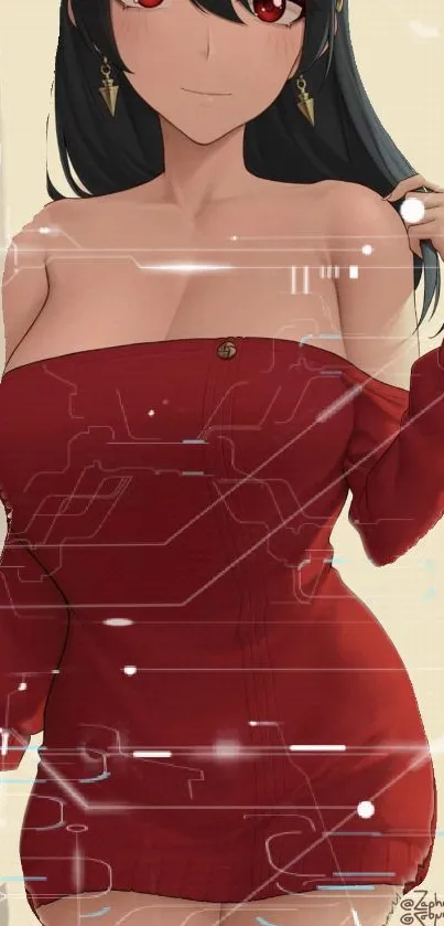 Anime character in a red dress with a futuristic backdrop.