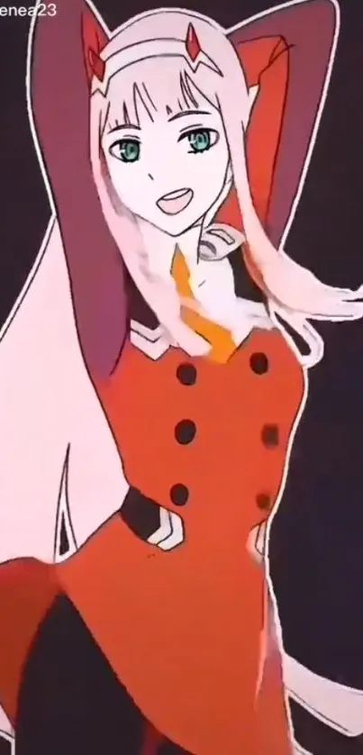 Anime character in a red dress with dynamic pose.