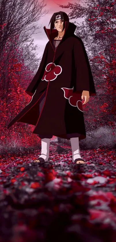 Anime character in a red forest with vibrant surroundings.