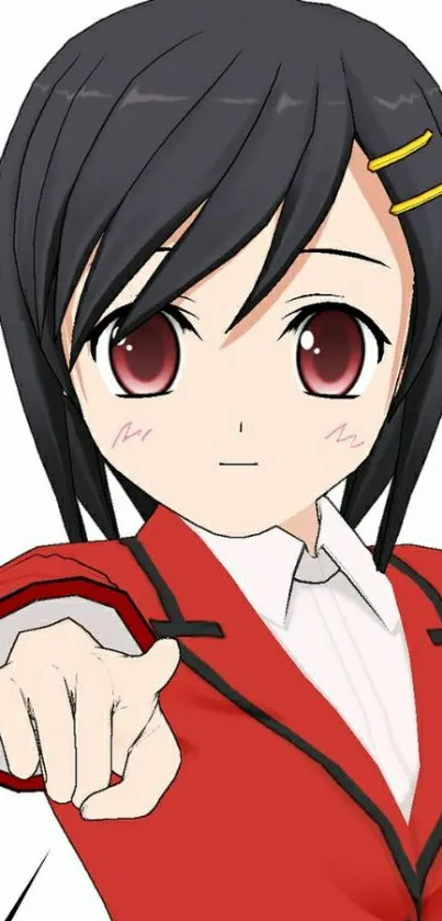 Anime character with a red jacket pointing forward on a white background.