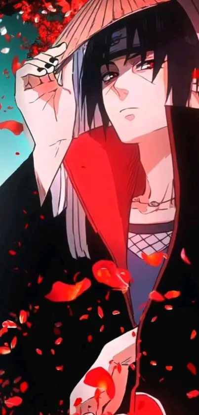 Anime character with red petals in dynamic background