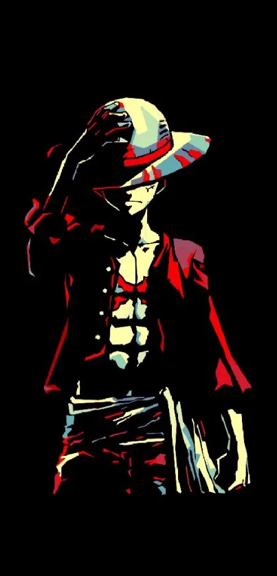 Anime character silhouette against black background with red highlights.