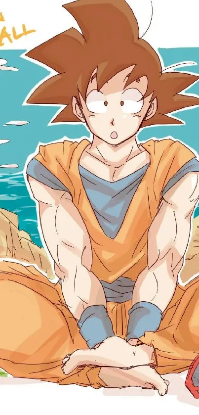 Anime character sits in cartoon landscape with orange attire.