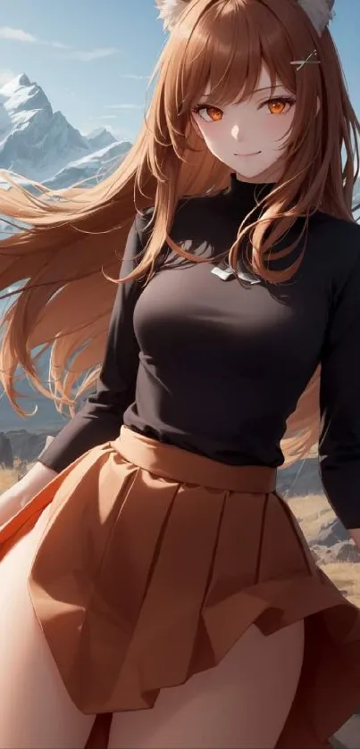 Anime character with long hair and ears stands in mountain landscape.