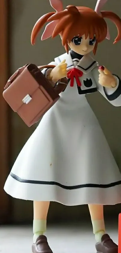 Anime character in a white school outfit holding a bag.