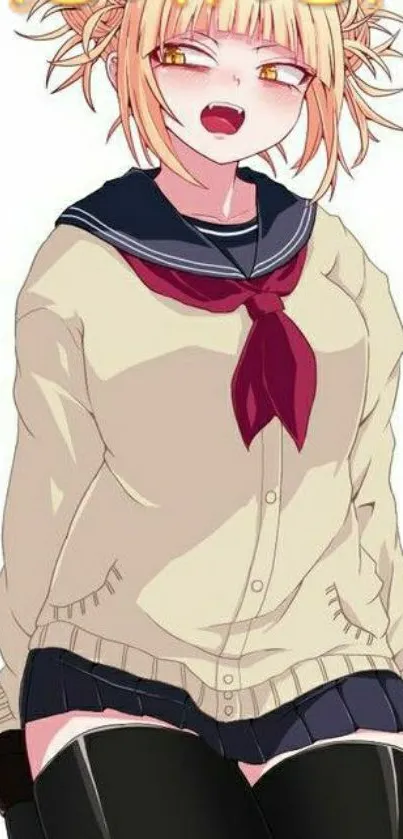 Anime character in beige school uniform with playful expression.