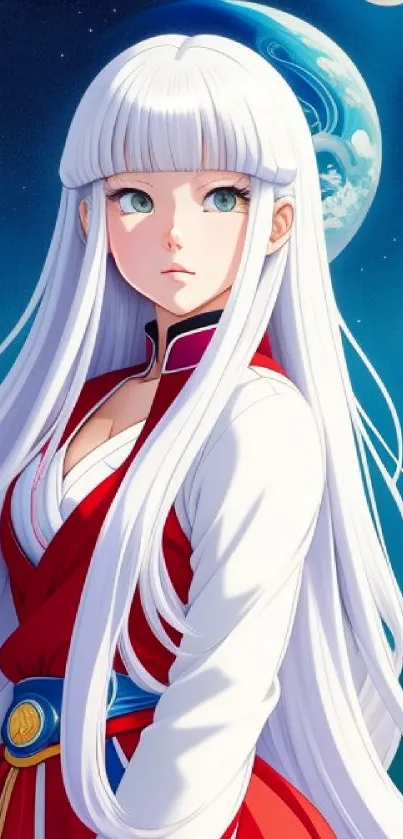 Anime character with white hair set against a cosmic blue background.