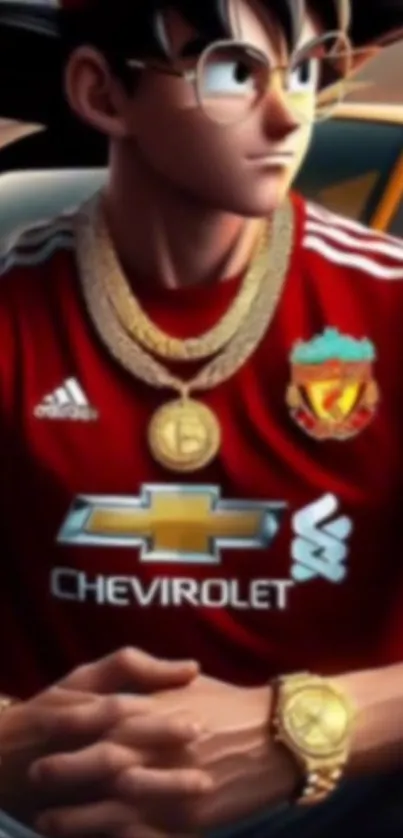 Anime character in red sports jersey with gold chains.