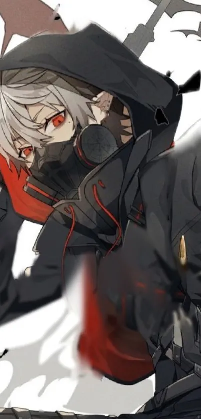 Anime character in a black hoodie with striking red eyes.