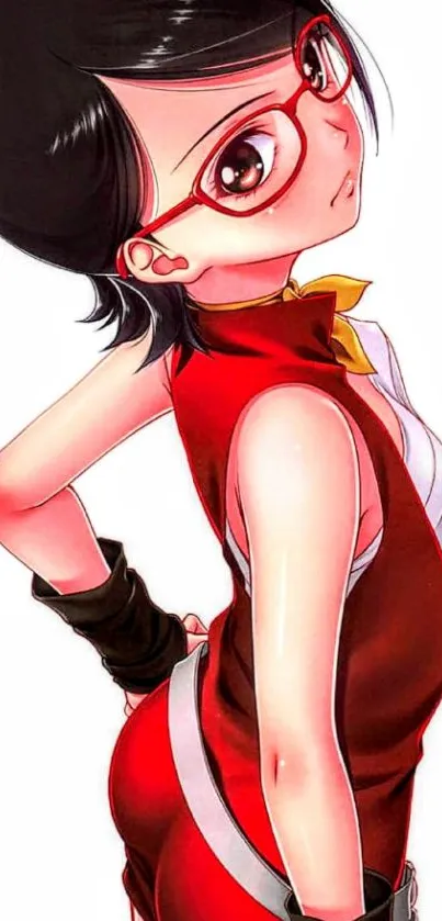 Anime character with red outfit and glasses on white background.