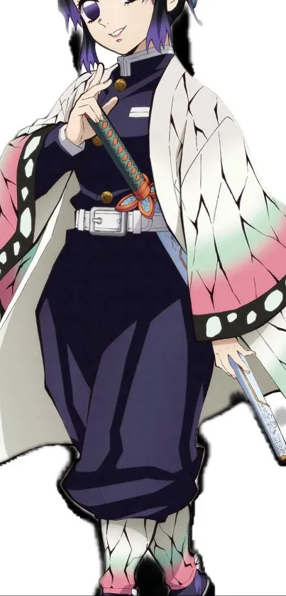 Anime character with a colorful robe and navy blue attire.