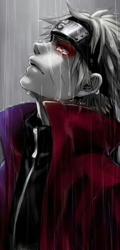 Anime character gazing upwards in rain with solemn expression.