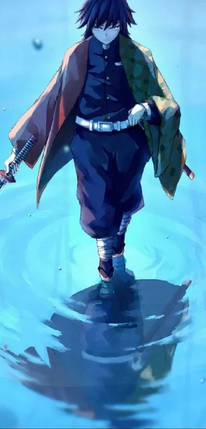 Anime samurai walking on water in tranquil blue setting.