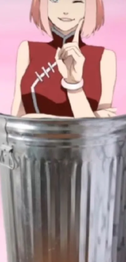 Anime girl in a trash bin on a pink background.