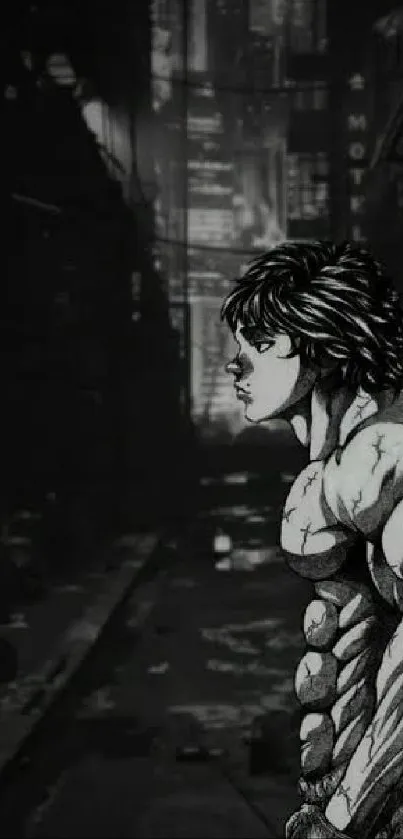 Muscular anime character in dark urban setting with city lights.