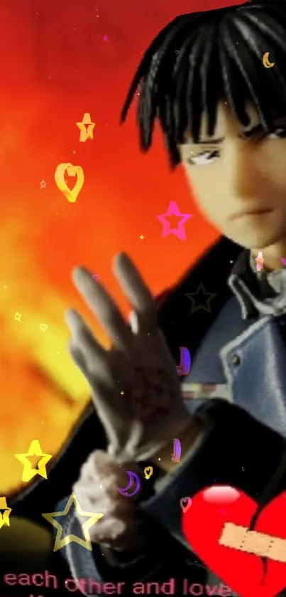 Anime character with orange flame background surrounded by stars and hearts.