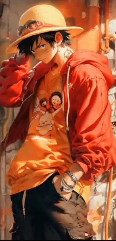 Anime character in orange hoodie with vibrant background.