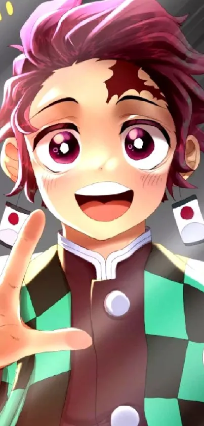 Joyful anime character with pink hair and checkered jacket.