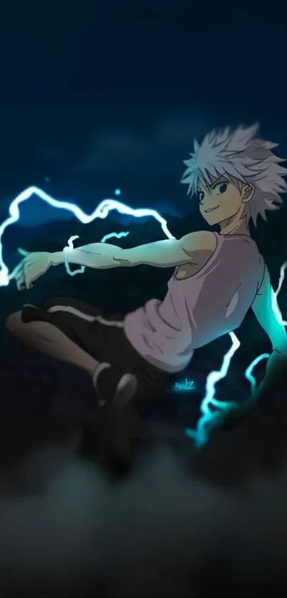 Anime character with white hair and lightning in a dark setting.