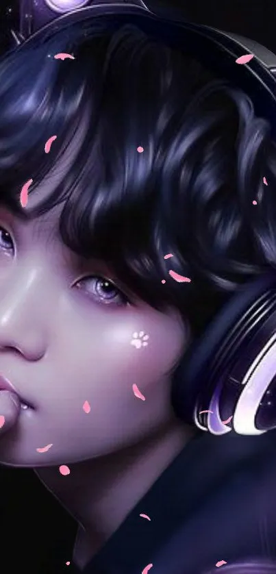 Anime character with headphones and pink petals.