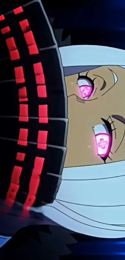 Anime character with pink eyes and a mask against a blue background.