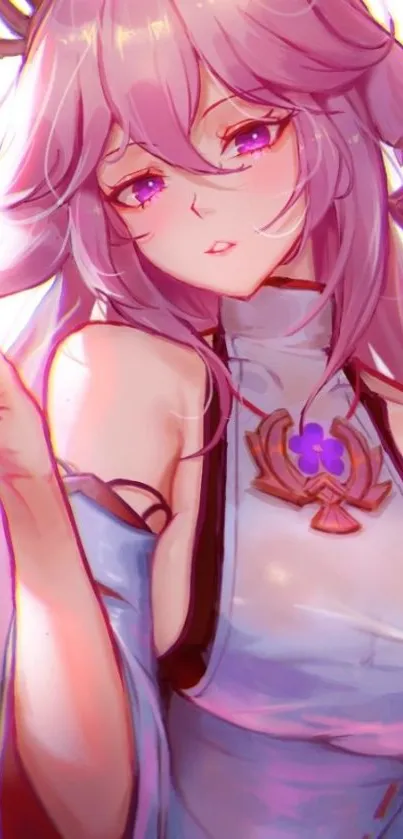 Anime character with purple hair and dynamic pose on mobile wallpaper.