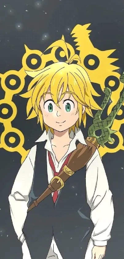 Anime character with yellow outfit and decorative background.