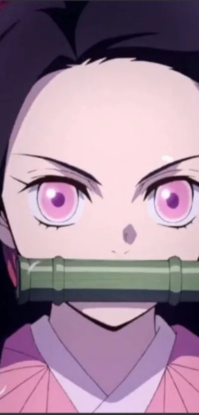 Anime character with pink eyes and bamboo mouthpiece in elegant design.