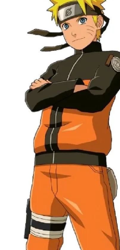 Anime character in orange and black outfit, crossing arms confidently.