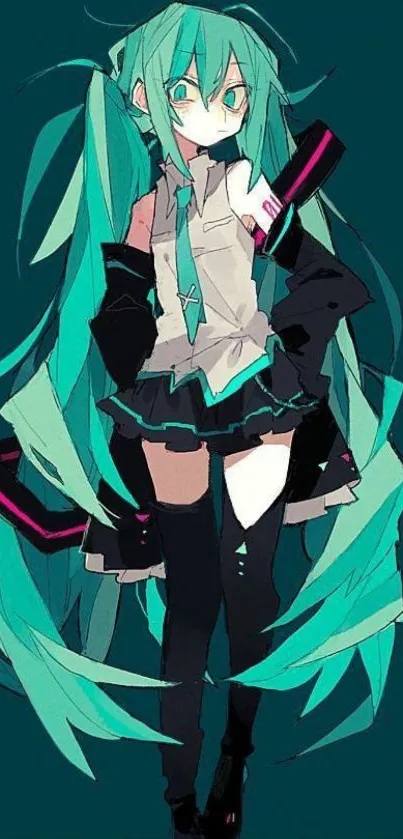 Anime character with teal hair on dark background wallpaper.