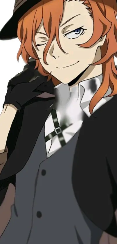 Anime character with orange hair and hat in stylish design.